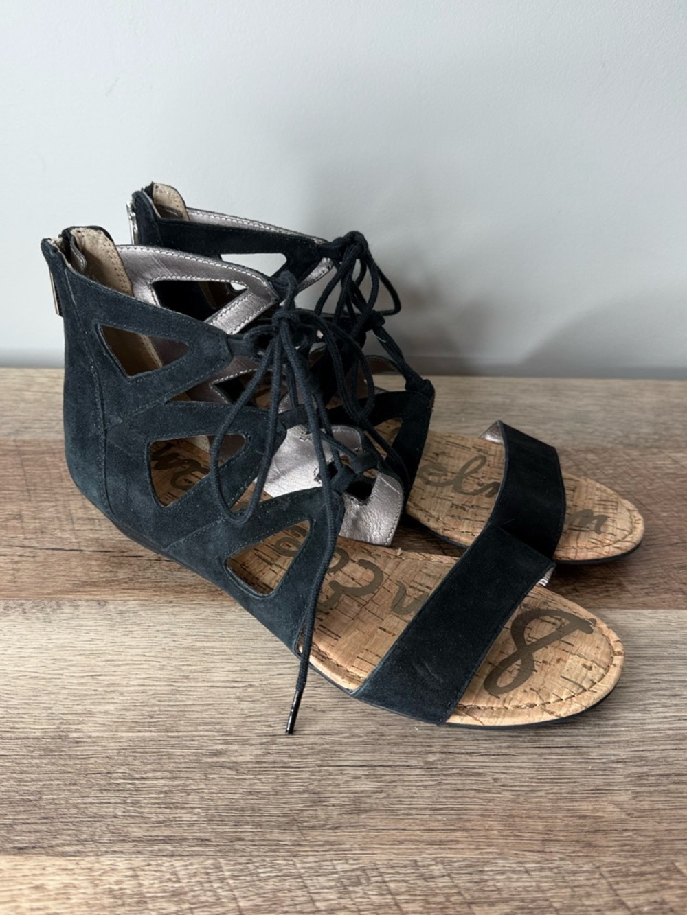 SAM EDELMAN Black Suede Dean Gladiator Sandals Lace Up Cork Zipper Size 7 - Picture 4 of 12